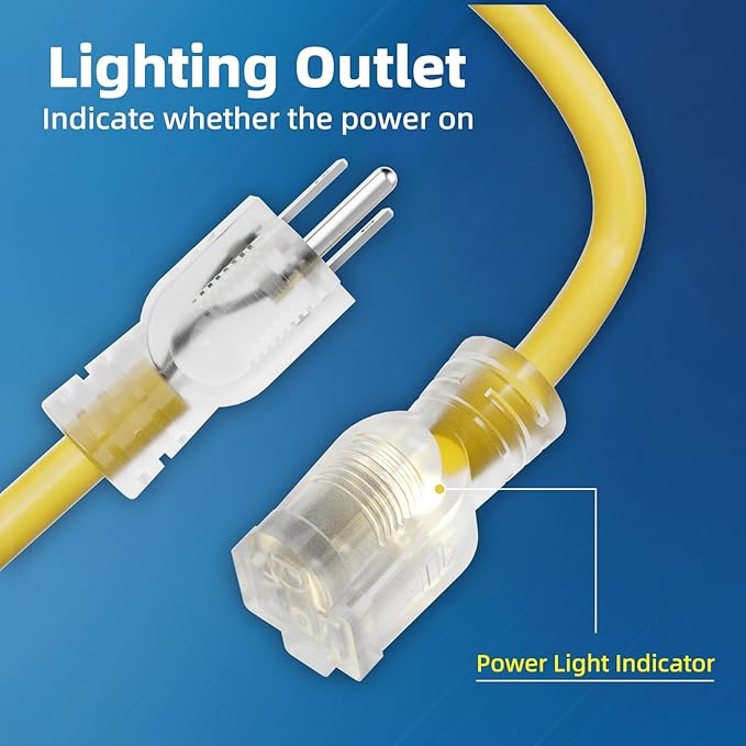 12 Gauge Outdoor Extension Cord 100 FT Waterproof, 3 Prong Plug, SJTW Heavy Duty 15A 1875W, Yellow Extension Cable with Lighted end for Commercial Use and Major Appliances, ETL Listed