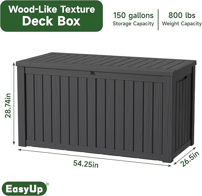 EasyUp 150 Gallon Outdoor Storage Box, Resin Waterproof UV-Resistant Deck Box with Hydraulic Lid Support, Reinforced Stability for Patio, Garden, and Poolside, Striped Black