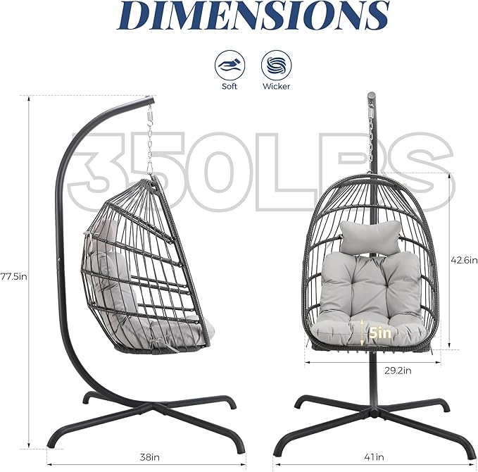 BLUEXYARD Heav-Duty Wicker Egg Chair Outdoor with Stand, 350 Lbs Rattan Patio Swing Chair with Cozy Cushion, Modern Foldable Eggshell Hanging Hammock Seat for Balcony Garden Bedroom, Light Grey