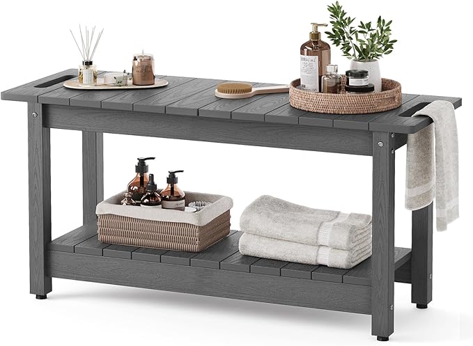 Stoog 35.5" Large Shower Bench, Waterproof Shower Stool with Storage Shelf and Handles, Adjustable and Non-Slip Feet, Shower Chair for Inside Shower, Grey