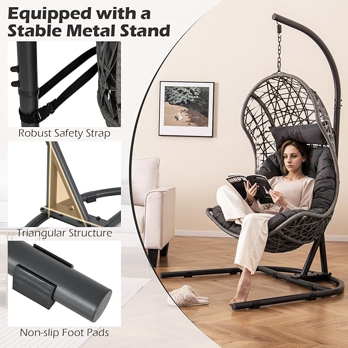 Giantex Egg Chair Outdoor Indoor - Hammock Chair with Stand, Pillow, Cushion, Hanging Accessories, PE Rattan Hanging Basket Chair for Living Room, Bedroom, 350 LBS Capacity Patio Swing Chair, Grey