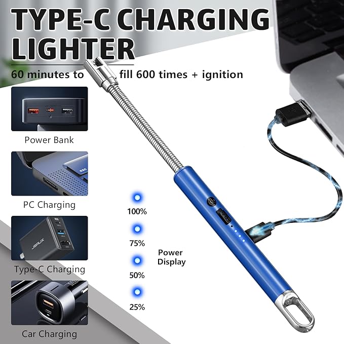 2 PCS Electric Lighter, Candle Lighter Arc Windproof Flame-Less with 360° Flexible Neck & LED Power Display, Type-C Rechargeable for BBQ, Grill, Camping, Fireplace, Stove