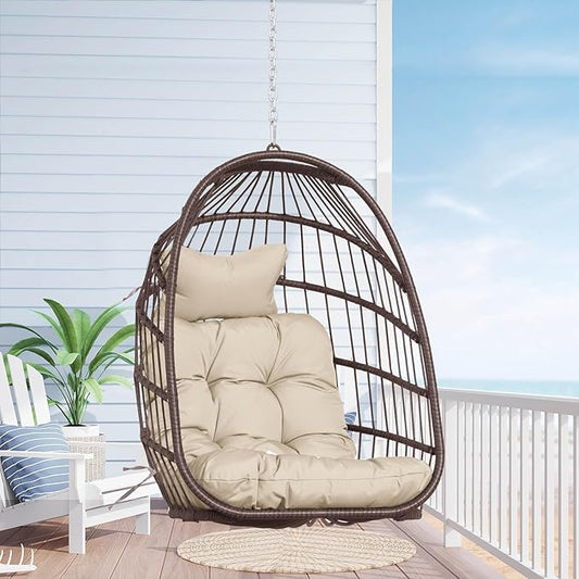 Nicesoul Outdoor Hanging Egg Chair Without Stand, Patio Wicker Swing Egg Basket Chairs with Padded Cushions, 350 Lbs Ceiling Tree Swinging Egg-Shaped Chair No Stand for Indoor Bedroom Porch, Brown