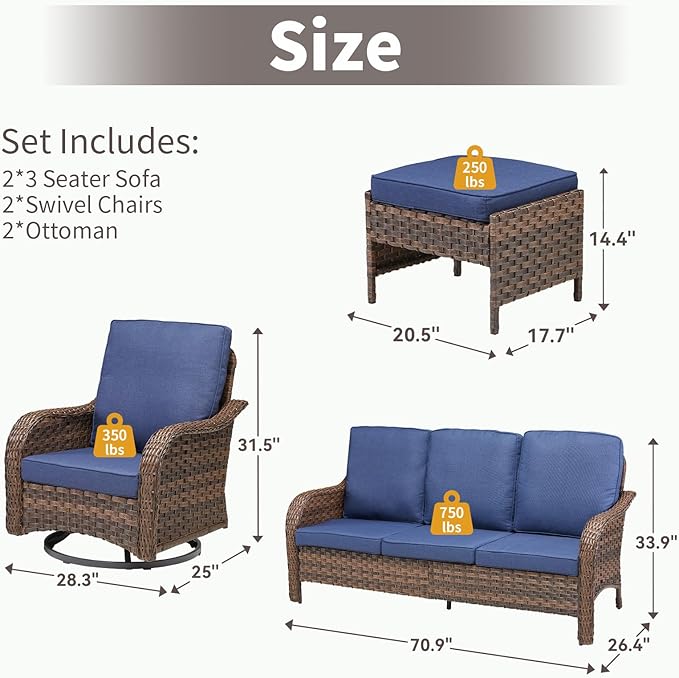 Wicker Outdoor Patio Furniture Set-6 Pieces All-Weather Wicker Outdoor Furniture with Swivel Rocking Chairs Set of 2 Patio Conversation Sets for Garden,Backyard,Deck Brown/Blue