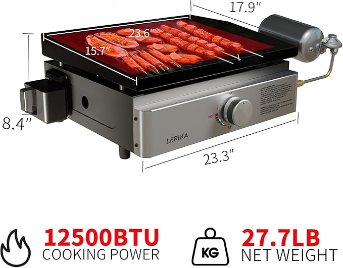 LERIKA 18" Tabletop Propane Grilddle for Outdoor Kitchen Barbecue Grill, Non Stick Enamel/Durable Stainless Steel/1 Burner Portable Flat Top Grill