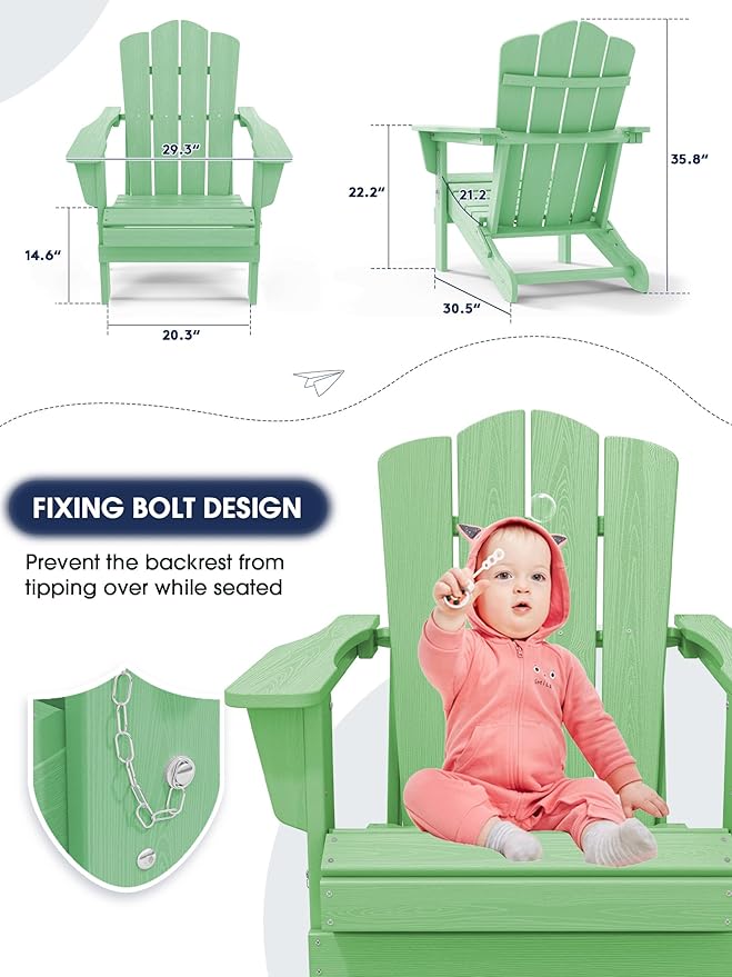 KINGYES Folding Adirondack Chair Set of 4, HDPE All-Weather Folding Adirondack Chair, Light Green