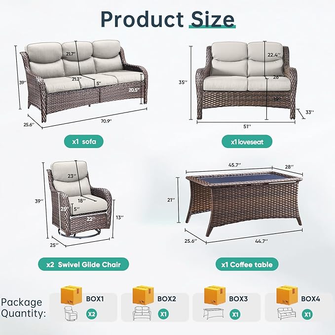 Outdoor Swivel Rocker Patio Chairs Set of 7 with 5" Thick Cushions ,7 Piece Furniture Set with Fire Pit Table All Weather Wicker Conversation Set for Porch Deck - Brown Wicker | Beige Cushions