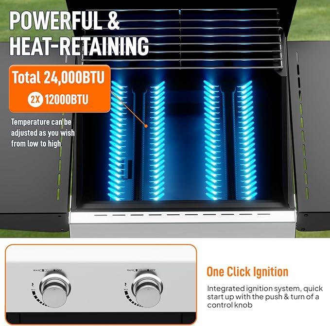 ROVSUN 2 Burner Propane Gas Grill with Foldable Side Shelves, 24000BTU BBQ Grills with Enameled Cast Iron Grates, Cabinet & Poratable Rolling Wheels for Outdoor Garden Patio Backyard Barbecue Cooking