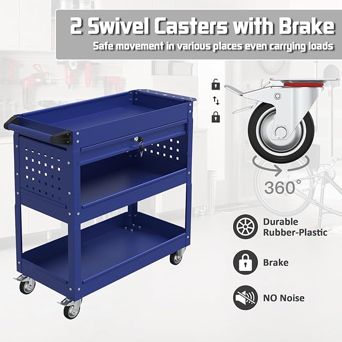 3 Tray Rolling Tool Cart, 400 LBS Capacity Mechanic Tool Carts on Wheels, Heavy Duty Utility Cart with Drawers, Metal Work Cart for Garage, Warehouse and Repair Shop, Blue
