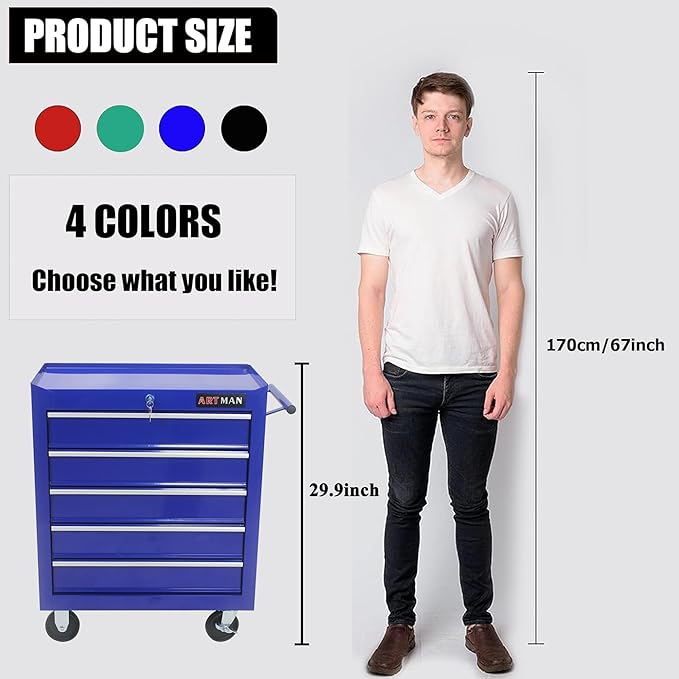 5 Large Drawers Tool Cart on Wheels,Rolling Tool Chest Tool Storage,Drawers Rolling Tool Trolley Organizer Tool Case for Garage, Warehouse, Workshop, Repair Shop (5 Large Drawers-29.3" H-Blue)