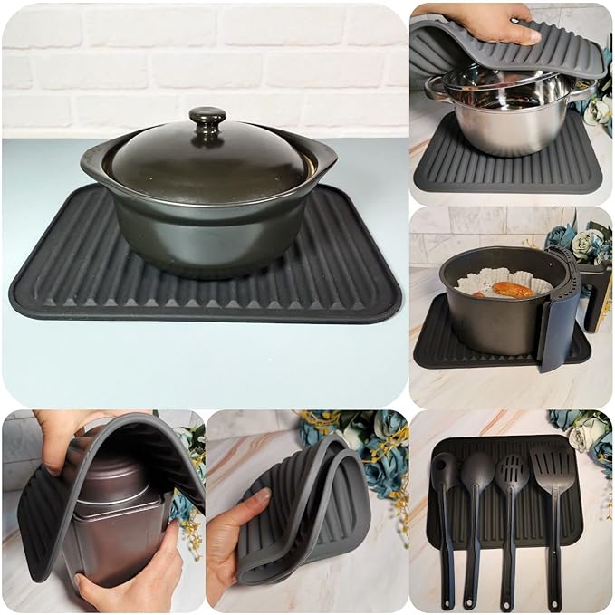 Silicone Trivets Set 2, Big Trivets Mats for Hot Pots and Pans, Heat Resistant Hot Pads for Kitchen Counter, Multi-Purpose & Versatile Trivet Mats, Silicone Pot Holder Pads 9"X12" Dark Grey