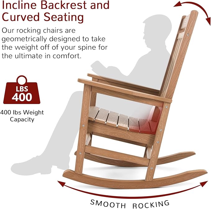 Stoog All-Weather Patio Rocking Chairs Set of 4, Porch Rocker with 400 lbs Weight Capacity, Front Porch Rocking Chairs for Both Outdoor and Indoor, Teak
