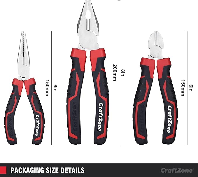 3-Piece Pliers Set –Linemans Plier 6" Long Nose 6" Diagonal Cutters & 8" Combination Plier Heavy Duty Carbon Steel Tool Sets for Home Repair Professional Use Outdoor & Ergonomic Soft Grip