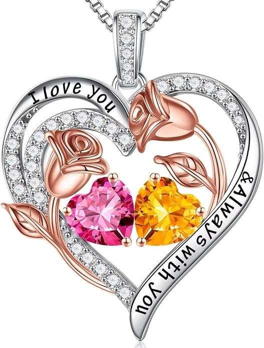 Iefil Christmas Gifts for Women Wife - 925 Sterling Silver Rose Heart Birthstone Necklace Birthday Anniversary Jewelry Gifts for Her Wife Mom Daughter