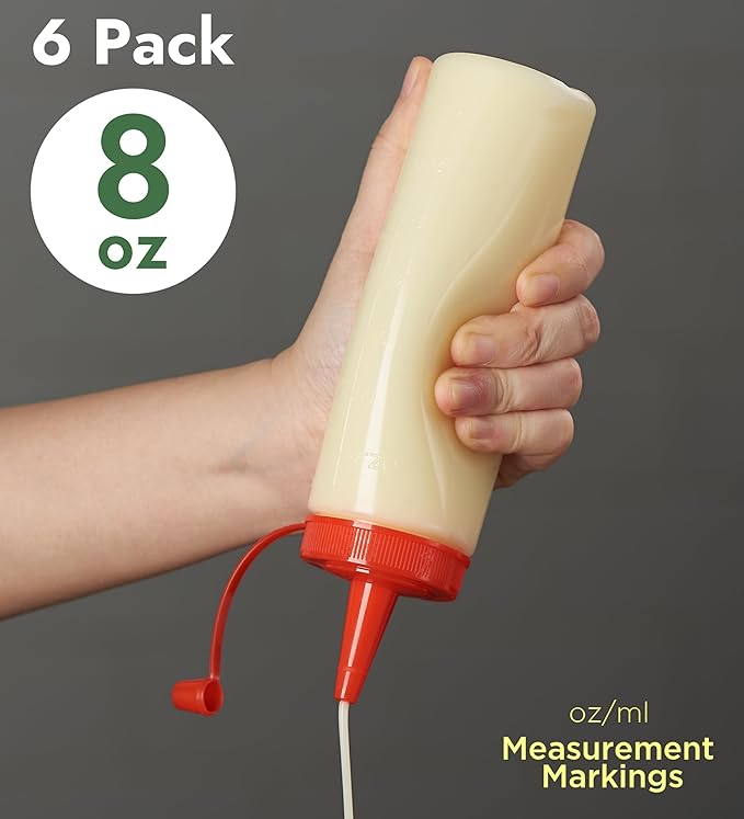 CURTA 6-Pack 8 oz Clear Squeeze Bottle with Cap, BPA-Free Easy-to-Squeeze Plastic Condiment Dispenser with oz & ml Markings for Sauce, Oil, Dressing, Dishwasher Safe, Red