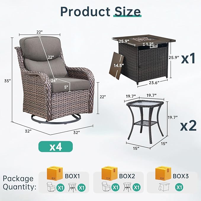Outdoor Swivel Rocker Patio Chairs Set of 4 with Fire Table - 5" Thick Cushion 6 Piece Furniture Set with Fire Pit Table All Weather Wicker Conversation Set for Porch Deck - Brown/Gray