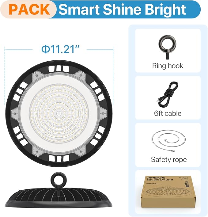 HYPERLITE UFO LED High Bay Light: 6-Pack 150W Highbay LED Shop Lights with 6ft Plug - IP65 LED Warehouse Lights for Workshop Stadium Garage Lighting