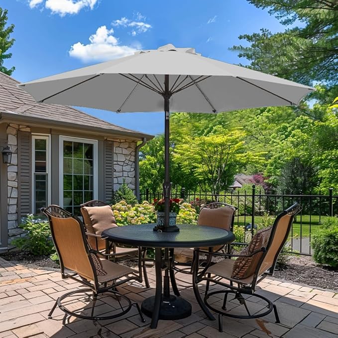 PatioKingdom 9FT Patio Outdoor Umbrella-UPF 50+ Sun Shade with Wind Vent, Push-Button Tilt & Smooth Crank Lift, Rust-Resistant Fiberglass Frame for Garden, Backyard,Yard (Light Gray, 9FT)