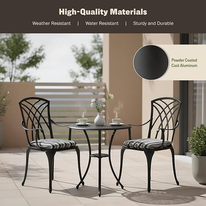 3 Piece Patio Bistro Set, Cast Aluminum Dining Table Set, All Weather Outdoor Round Metal Table with Umbrella Hole and Chairs Set of 2 with Cushion for Outside Garden, Black