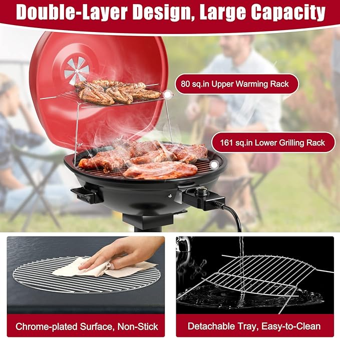 Giantex Electric BBQ Grill 1600W, Removable Non-Stick Grill Rack, Warming Rack, Oil Drip Tray, Adjustable Temperature, Portable Outdoor Electric Grill for Camping Picnic Tailgating, Red & Black