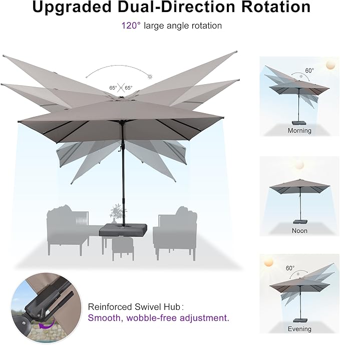 PURPLE LEAF 10' X 10' Left-right Tilting Outdoor Patio Umbrella Swivel Offset Cantilever Heavy Duty Rectangle Aluminum Umbrella with UV Resistant for Deck Pool Patio Backyard, Ash Mocha