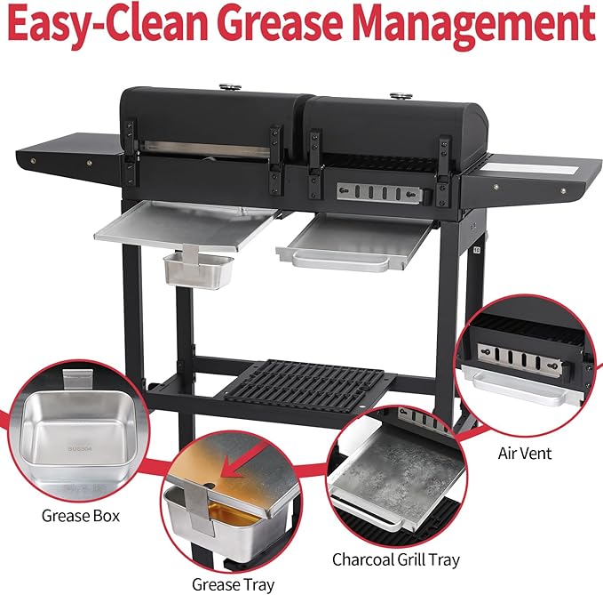 Charcoal and 2-Burner Propane Gas Combo Grill with Stainless Steel Griddle & Porcelain-enameled Cast Iron Grates, Dual Fuel BBQ Combo Grill for Outdoor Cooking