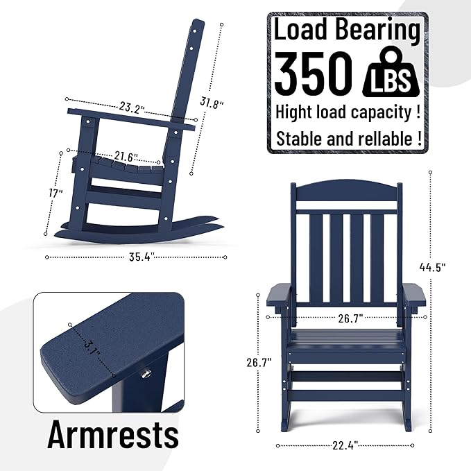 Outdoor Rocking Chairs Set of 6, Oversized High Back Patio Rocking Chairs, All Weather Porch Rocking Chairs for Outside. Navy Blue