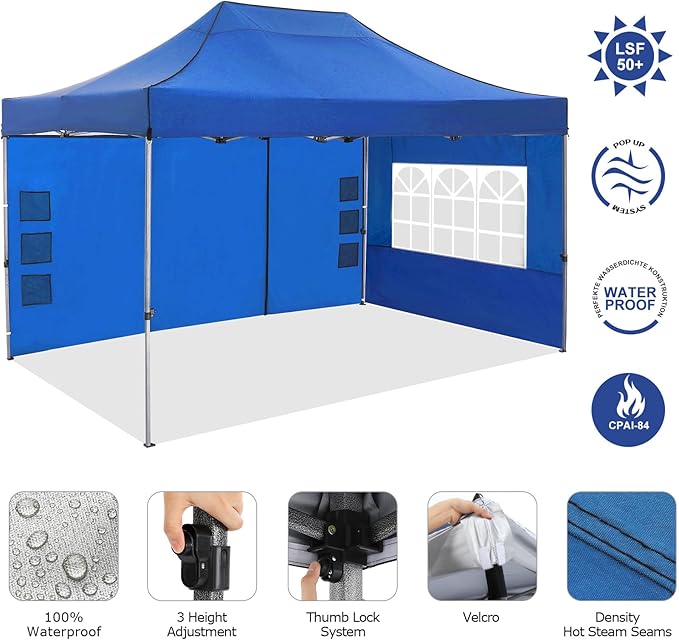 COBIZI 10x15 Pop up Canopy Gazebo 3.0, Easy up Heavy Duty Canopy with 4 Removable Sidewalls, High Stability, All Weather Sunshade 100% Waterproof Outdoor Canopy Tents with Carry Bag, Blue