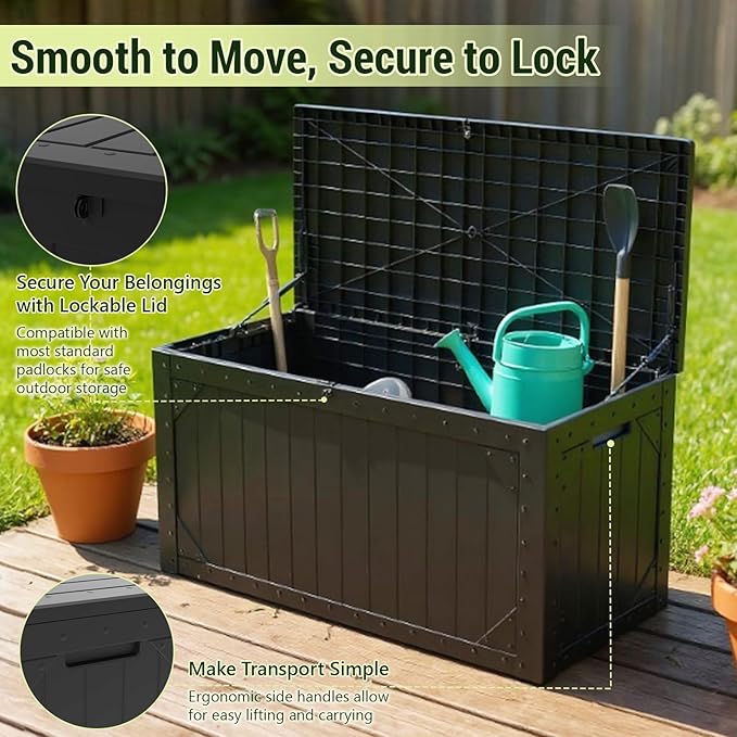 Outdoor Storage Box, 48”×22“-Deck Box Outdoor Storage Bench Outside Waterproof Resin Storage Bench, Lockable Patio Cushions, Garden Tools Storage For Furniture, UV Resistant(Black)