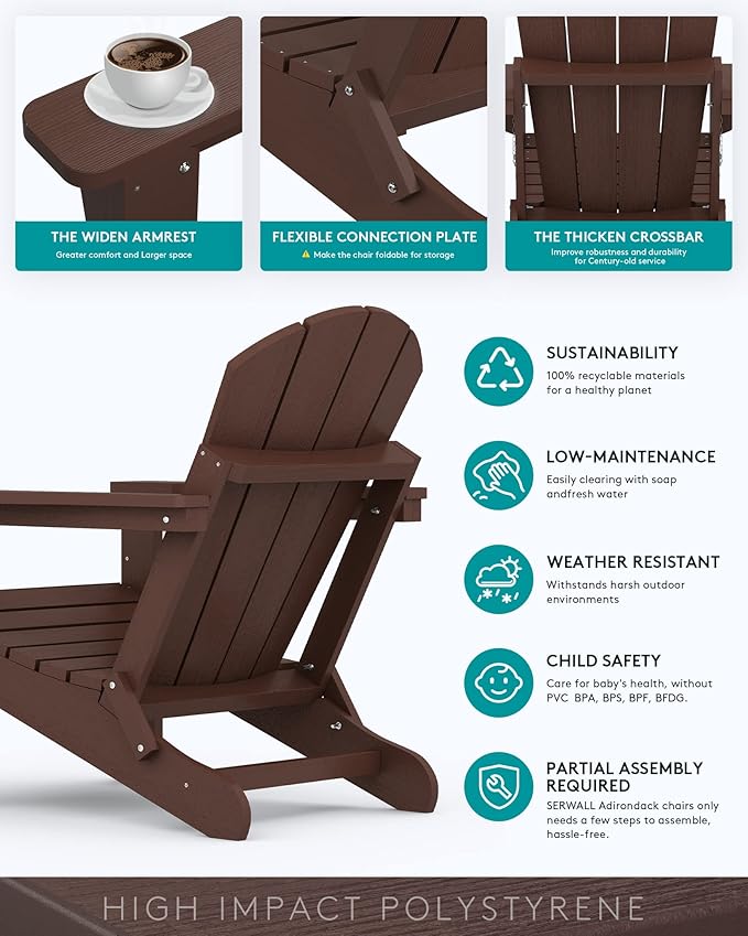 SERWALL Adirondack Chair Set of 6 for Patio Garden (Folding Coffee)