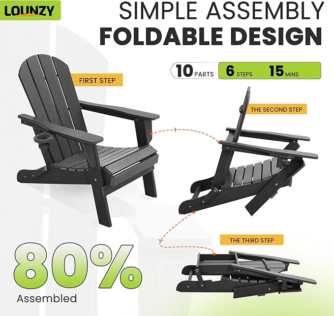 LOUNZY Folding Adirondack Chair Set of 2, HDPE All-Weather Folding Patio Chair with Cup Holders, Outdoor Patio Adirondack Chair for Deck Lawn Fire Pit, Gray