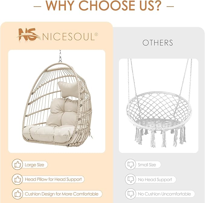 Nicesoul Outdoor Hanging Egg Chair Without Stand, Patio Wicker Swing Egg Basket Chairs with Padded Cushion, 350 Lbs Comfy Cozy Ceiling Tree Swinging Egg-Shaped Chair No Stand for Indoor Balcony, Beige
