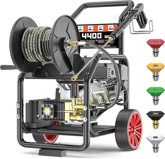 4400 PSI Gas Pressure Washer with Hose Reel, Electric Start, 296cc 15HP Engine 4GPM, Includes 50 FT 3/8 inch Hose, 5 Quick Connect Nozzles, Spray Gun and Wand