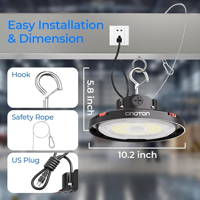 CINOTON UFO LED High Bay Light, 160W/120W/80W Switchable, AC100-277V LED Shop Lights with US Plug, 24000LM Dimmable 0-10V Commercial Bay Lighting for Garage Workshop 5000K Daylight-UL Listed, 8 Pack