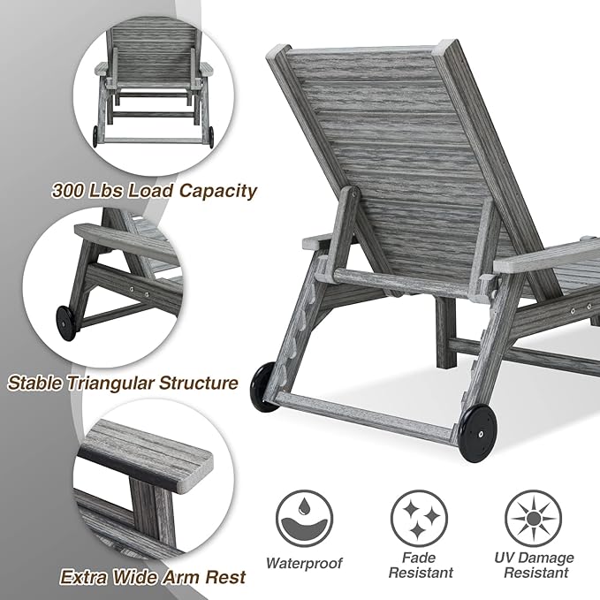 Patio Chaise Lounges Set of 4, HDPE Outdoor Lounge Chairs with Adjustable Backrest, Wheels, Armrest, All Weather Poly Lumber Recliner for, Poolside, Porch, 350lbs Weight Capacity (Grey)