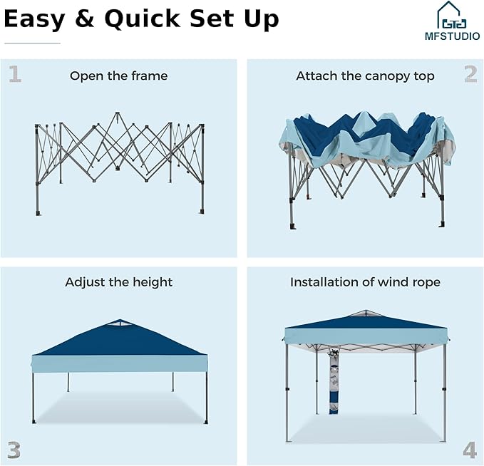 MFSTUDIO Pop Up Canopy Tent, 10x10 Outdoor Canopies Instant Portable Shelter Tens with Vented Top, Storage, 4 Sandbags, Beach Canopy
