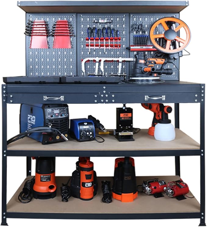 Prostormer Workbench, 47.25 inch Multipurpose Garage Worktable with Peg Board Hook Kit and Drawers for Home, Garage, and DIY Projects
