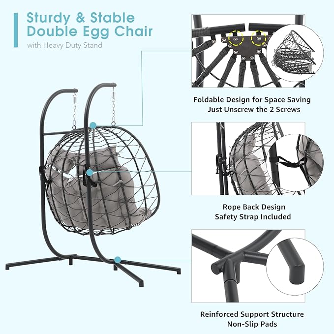 Patiorama 2 Person Double Egg Swing Chair with Stand Indoor Outdoor, Patio Wicker Rattan Hanging Egg Chair w/Cushion, Pillow, Foldable Hammock Chair 550lbs for Bedroom, Balcony, Garden (Light Grey)