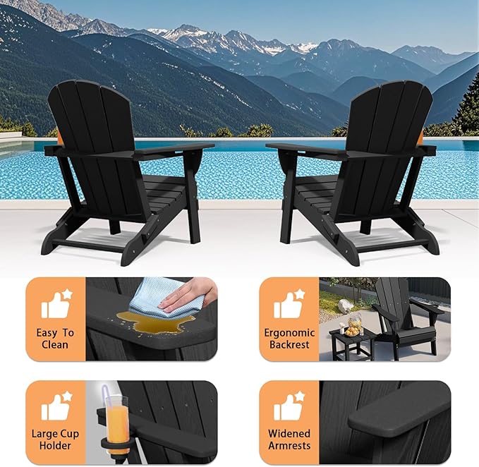 Folding Adirondack Chair, HDPE All-Weather Patio Chairs for Outdoor, Patio, Lawn, Garden, Backyard Deck, Fire Pit - Black