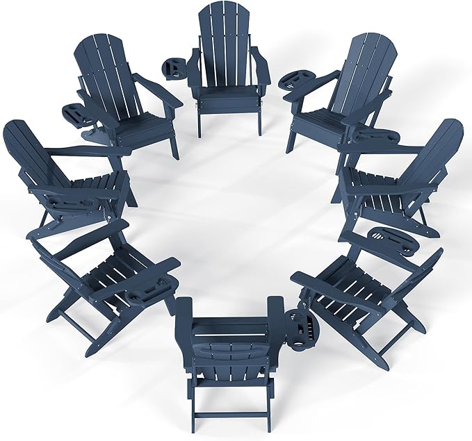 FOOWIN Folding Adjustable Adirondack Chair Set of 8,HDPE Adirondack Chair w/4 in 1 Cup Holder Trays,All-Weather Resistant Fire Pit Chair, Outdoor Chair for Patio Lawn Poolside,400lbs,Navy Blue