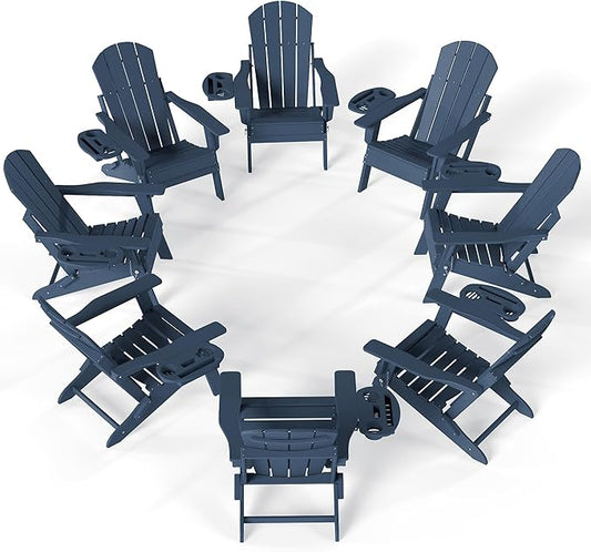 FOOWIN Folding Adjustable Adirondack Chair Set of 8,HDPE Adirondack Chair w/4 in 1 Cup Holder Trays,All-Weather Resistant Fire Pit Chair, Outdoor Chair for Patio Lawn Poolside,400lbs,Navy Blue