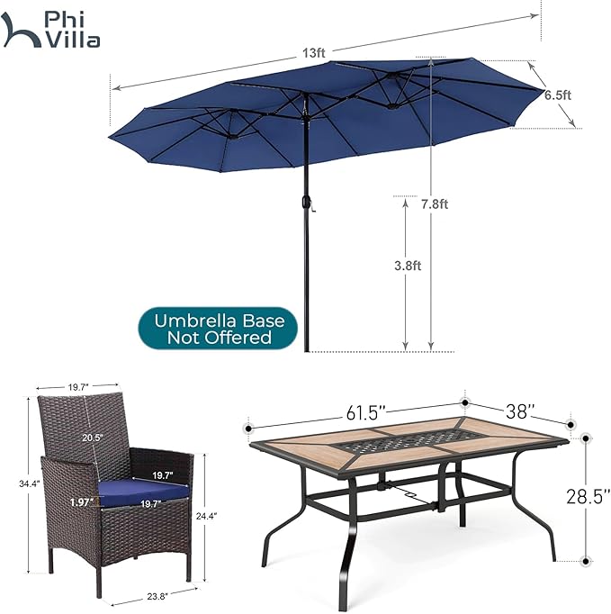 PHI VILLA 7 Piece Outdoor Dining Set with Umbrella, Rectangular Wood Top Metal Dining Table & Cushioned Wicker Chairs & 13ft Large Blue Umbrella for Patio, Deck, Yard