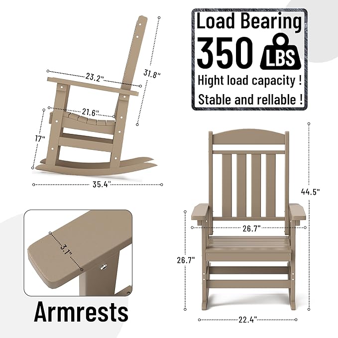 Outdoor Rocking Chairs Set of 6, Oversized High Back Patio Rocking Chairs, All Weather Porch Rocking Chairs for Outside. Brown