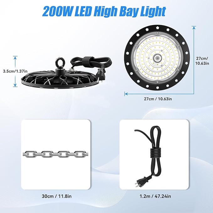 Zelvia D5 Series Led High Bay Light 6000K Daylight White LED Commercial High Bay Light Commercial High Bay Lighting with 1.2M Cable Plug Workshop Light Garage Light (6, 200W)