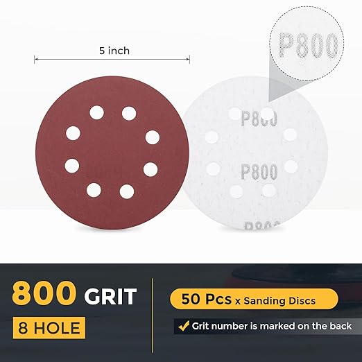 HARFINGTON 50 Pcs 5 Inch Sanding Discs, 800 Grit Hook and Loop Sandpaper, 8-Hole Aluminum Oxide Orbital Sander Sandpaper for Woodworking Automotive Metal Polishing, Red