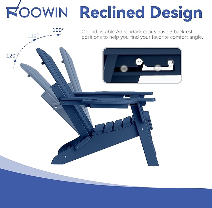 FOOWIN Folding Adjustable Adirondack Chair Set of 4,HDPE Adirondack Chair w/4 in 1 Cup Holder Trays,All-Weather Resistant Fire Pit Chair, Outdoor Chair for Patio Lawn Poolside,400lbs,Navy Blue