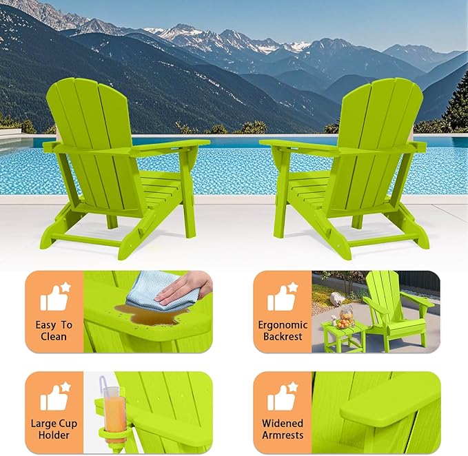 Folding Adirondack Chair, HDPE All-Weather Patio Chairs for Outdoor, Patio, Lawn, Garden, Backyard Deck, Fire Pit - Apple Green