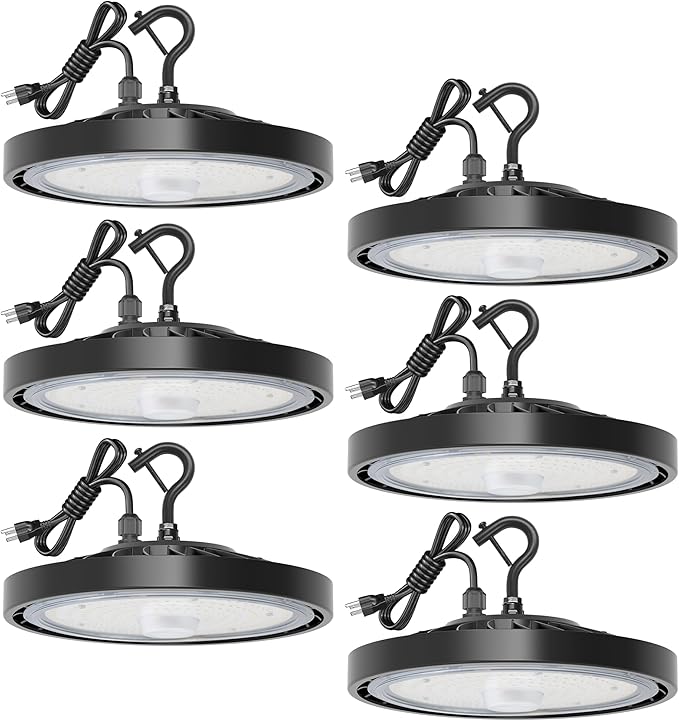 6 Pack LED High Bay Light, Plug & Play Lighting for Warehouse, 5000K Daylight, 150W, Power Cord Included, 24000 LM, 120VAC, IP65 Waterproof Shatterproof Fixture