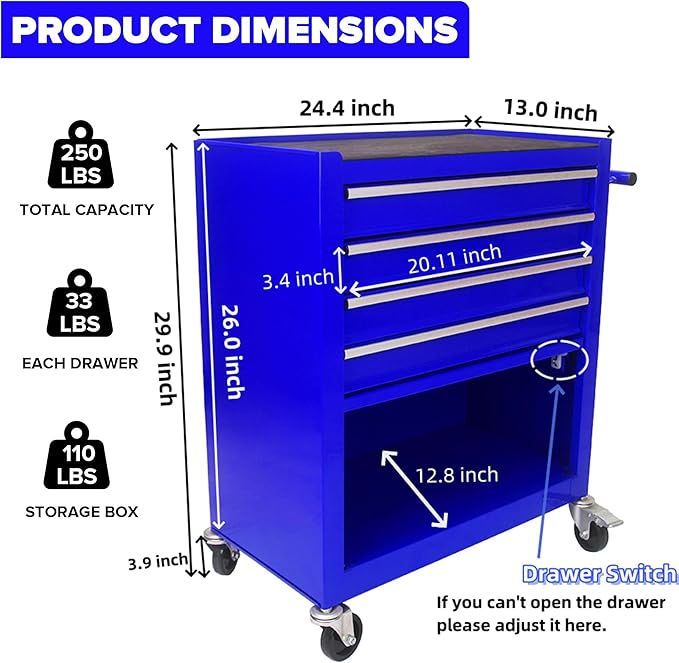 4 Drawers Tool Cart on Wheels,Rolling Tool Box Tool Storage， Drawers Rolling Organizer Tool Case for Garage, Warehouse, Workshop, Repair Shop (4 Drawers(Blue))