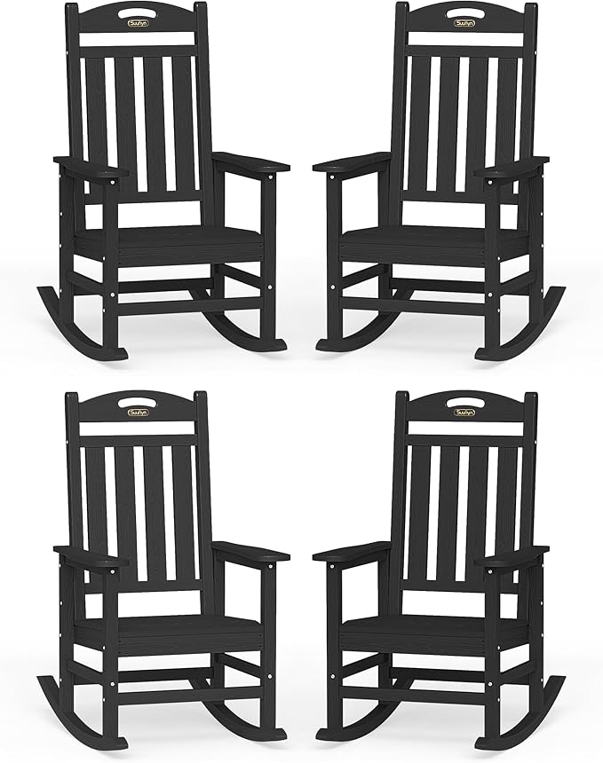 Oversized Outdoor Rocking Chair Set of 4, High Back Porch Rocker Chair, HDPE All Weather Resistant Rocking Chairs for Patio, 384lbs Weight Capacity, Black